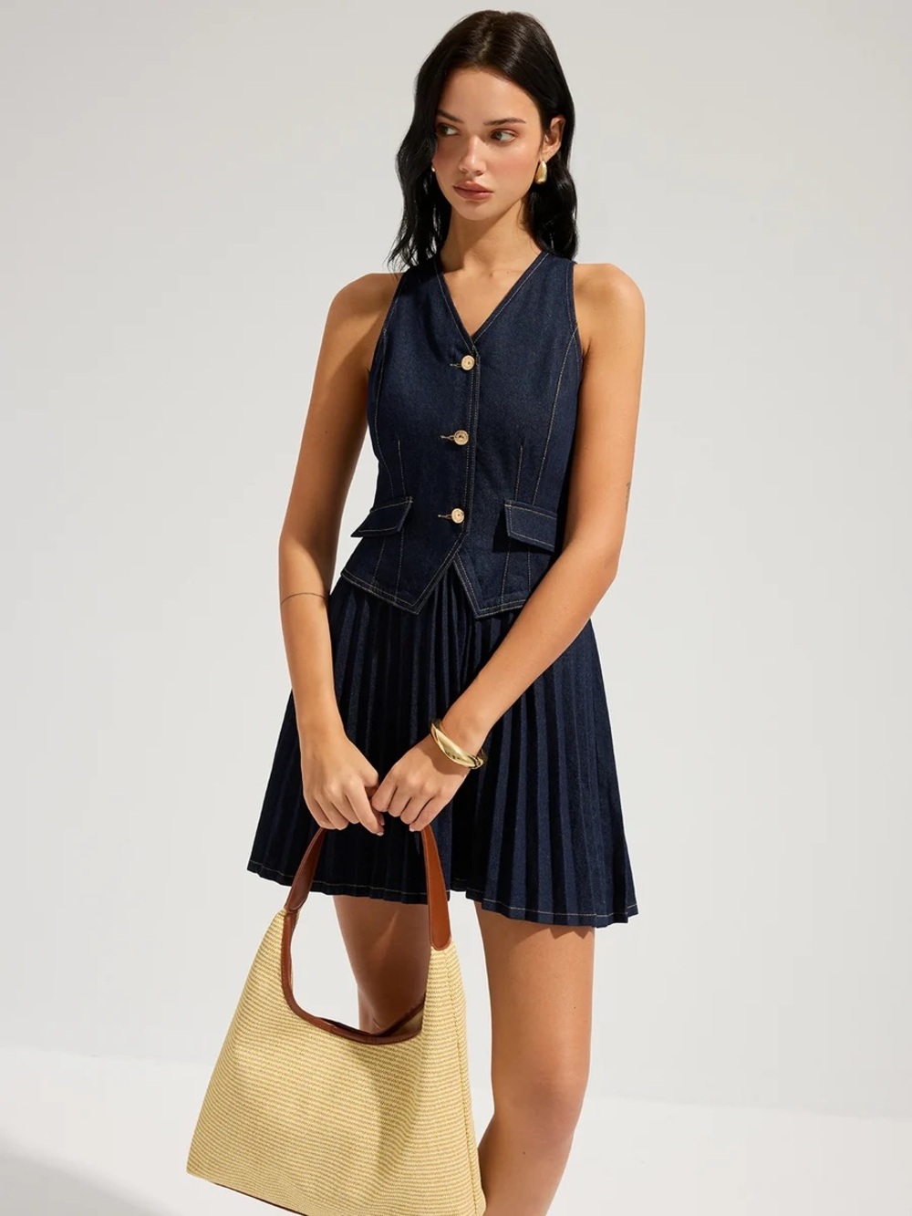 Commense Denim Sleeveless Pleated Mini Dress - Picture 2 of 16